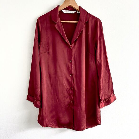 Vintage 90s Victoria Secret Size S Satin Sleep Shirt Burgundy Red Button Up - Picture 1 of 16